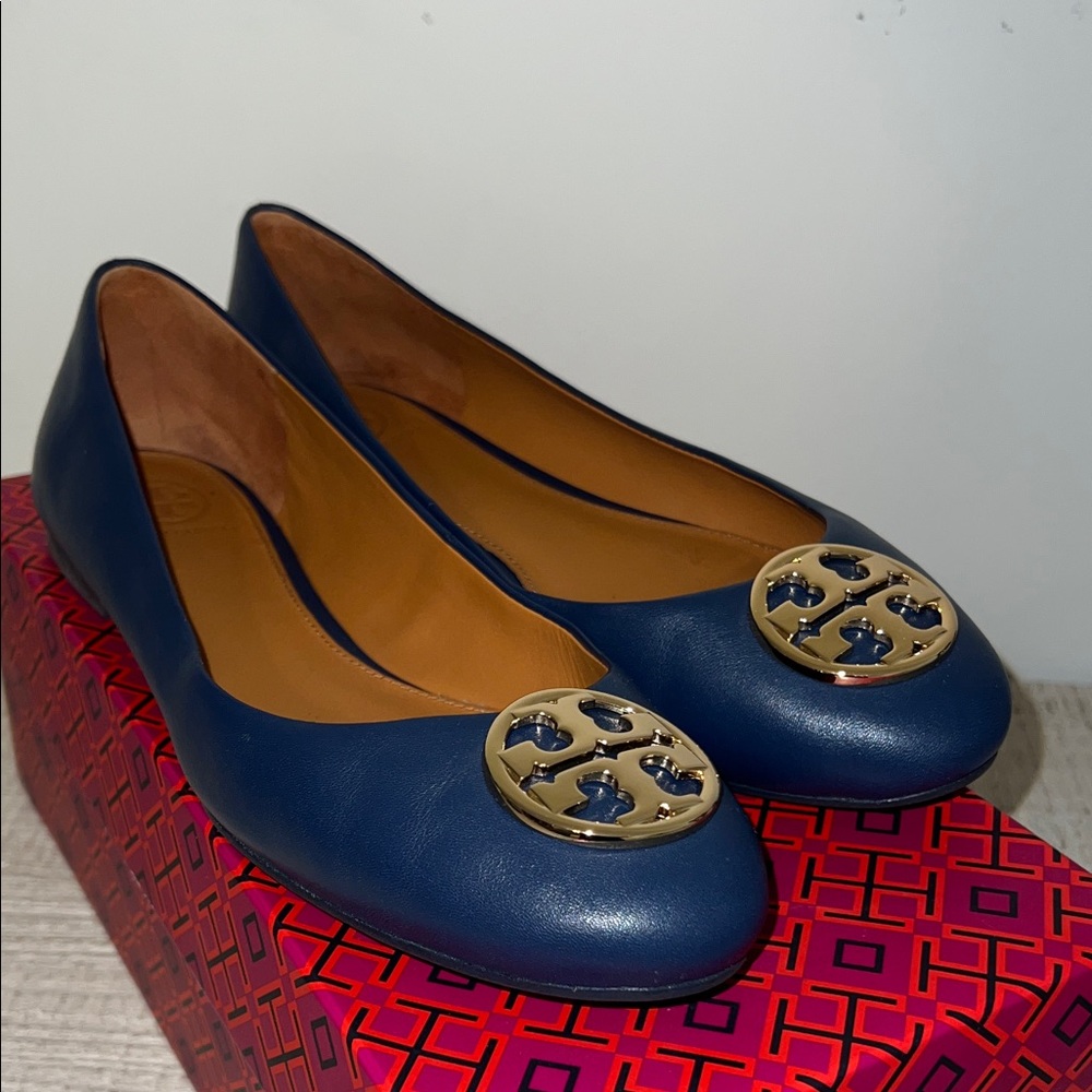 Tory Burch Deep Blue Flats with Gold Accent